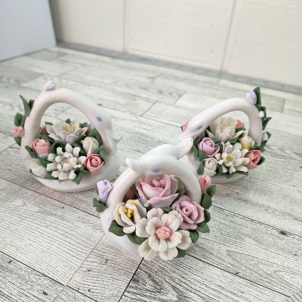 Set of 3 Floral Basket Ceramic Swan Figurines Table Decor Bridal Shower Accent - Picture 12 of 12
